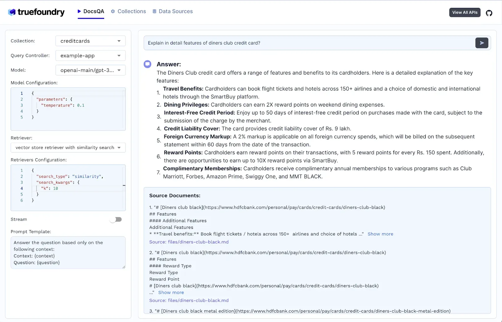 Cognita RAG system UI in TrueFoundry displaying document ingestion, vector database retrieval, and AI-generated answers