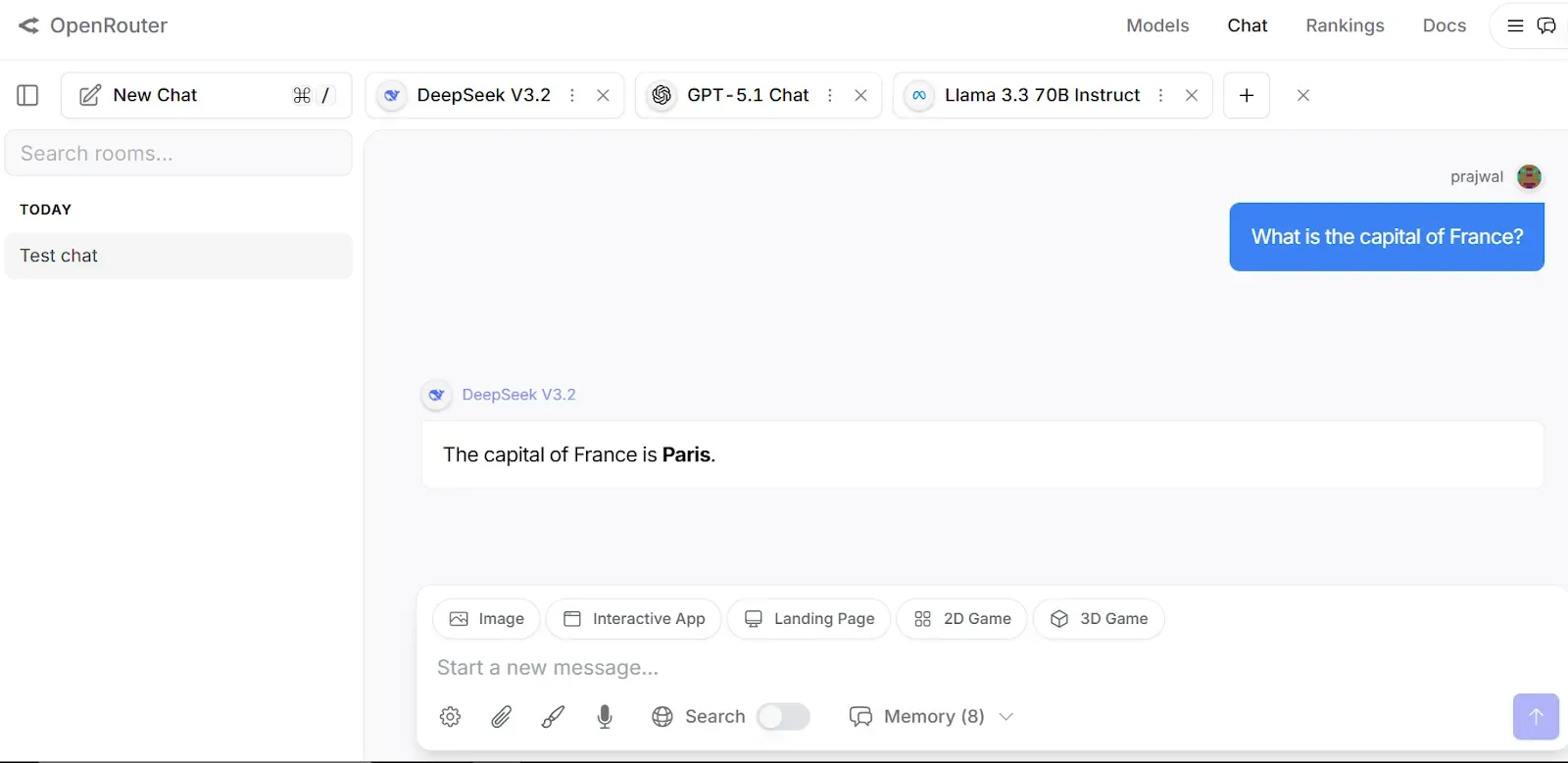 OpenRouter interface showing multi-model chat tabs and unified routing across DeepSeek, GPT, and Llama models