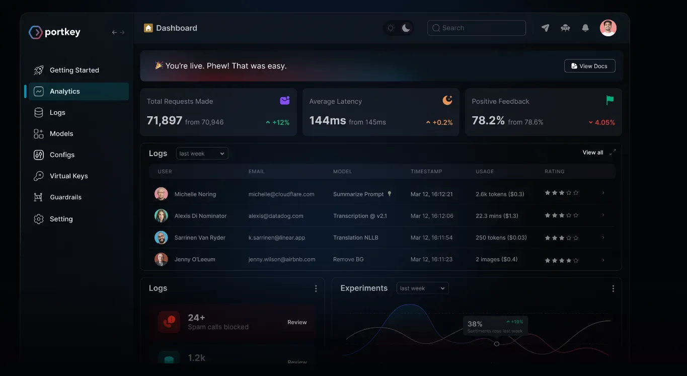  Portkey dashboard showing analytics, logs, latency metrics, and multi-model observability for AI gateway management