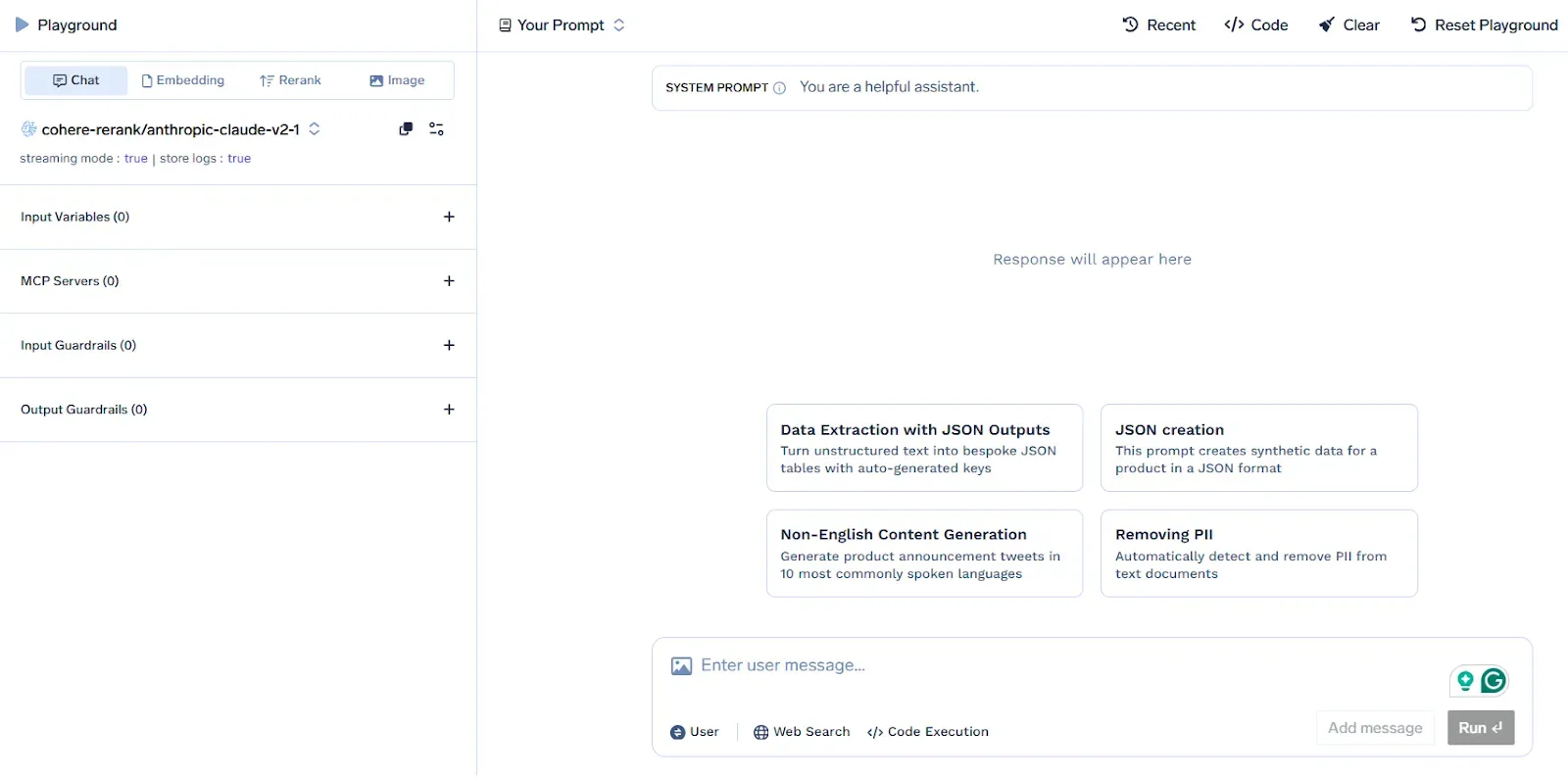  LLM playground interface showing prompt editor, MCP servers, guardrails, and JSON data extraction use cases