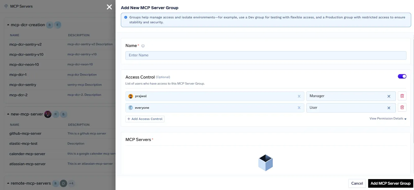 MCP server group configuration UI showing access control, user roles, and server management in TrueFoundry