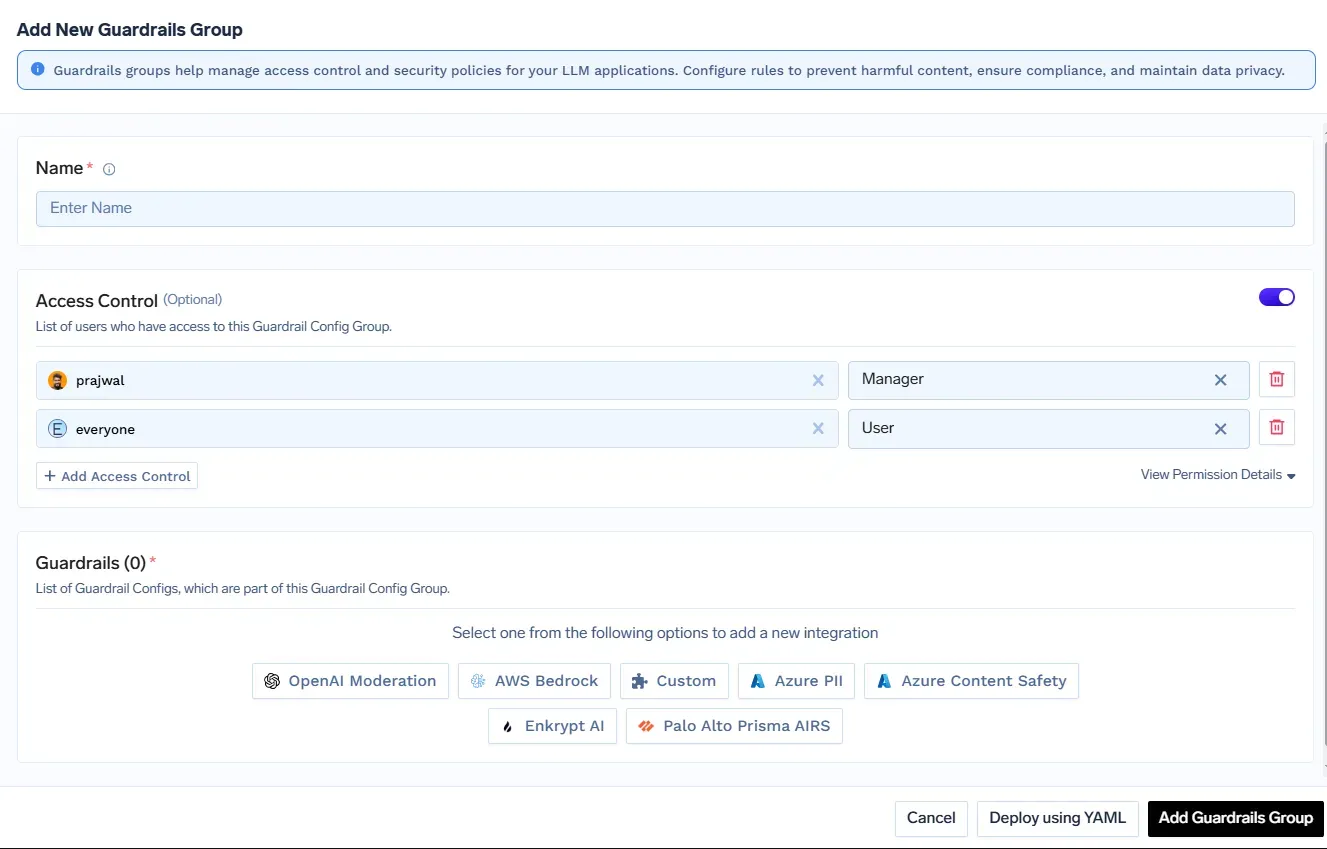 Guardrails group configuration dashboard for LLM security with access control and moderation integrations