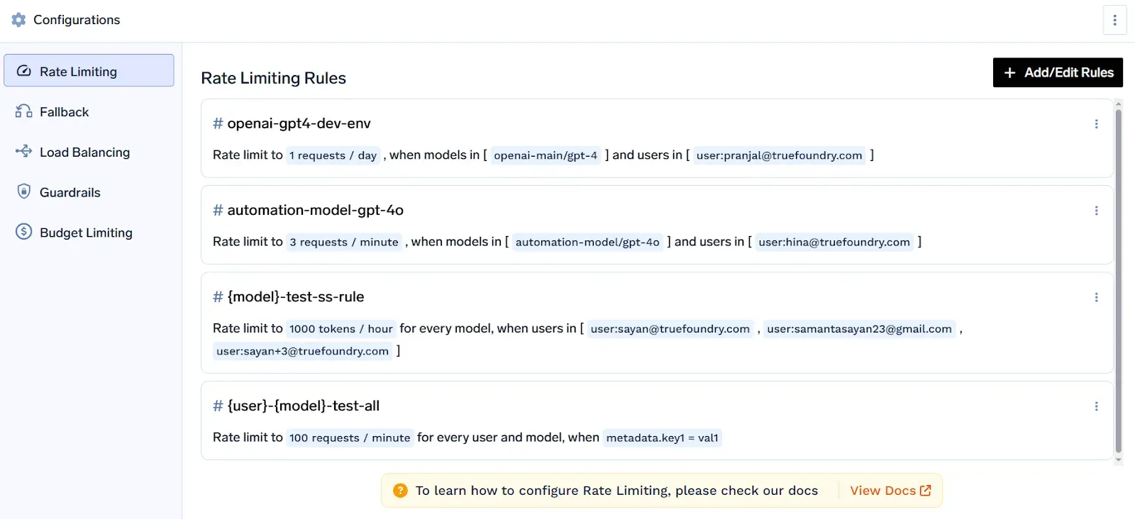 LLM rate limiting interface showing token and request limits across users and models