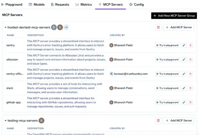 MCP server management dashboard showing grouped enterprise MCP servers and integrations