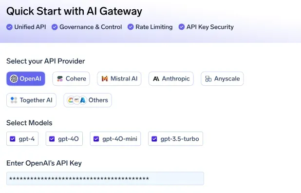 Truefoundry’s AI gateway quick start interface showing API provider selection, model choices, and API key input for unified access and governance controls.