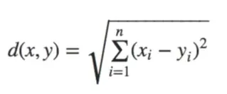 Euclidean distance formula showing the square root of summed squared differences between vector components x and y across n dimensions.