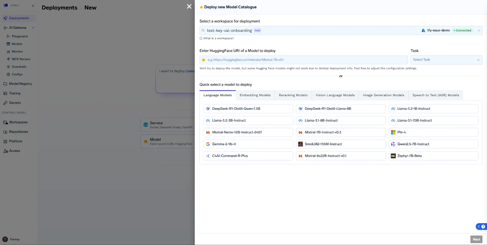 TrueFoundry's unified deployment interface demonstrates how modern platforms simplify the journey from trained model to production API