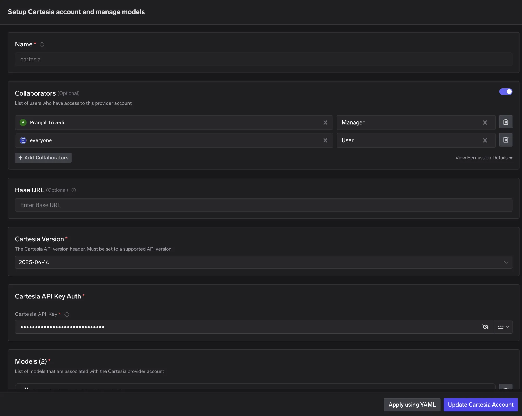 Cartesia account configuration form in TrueFoundry AI Gateway with fields for account name and API key and collaborators