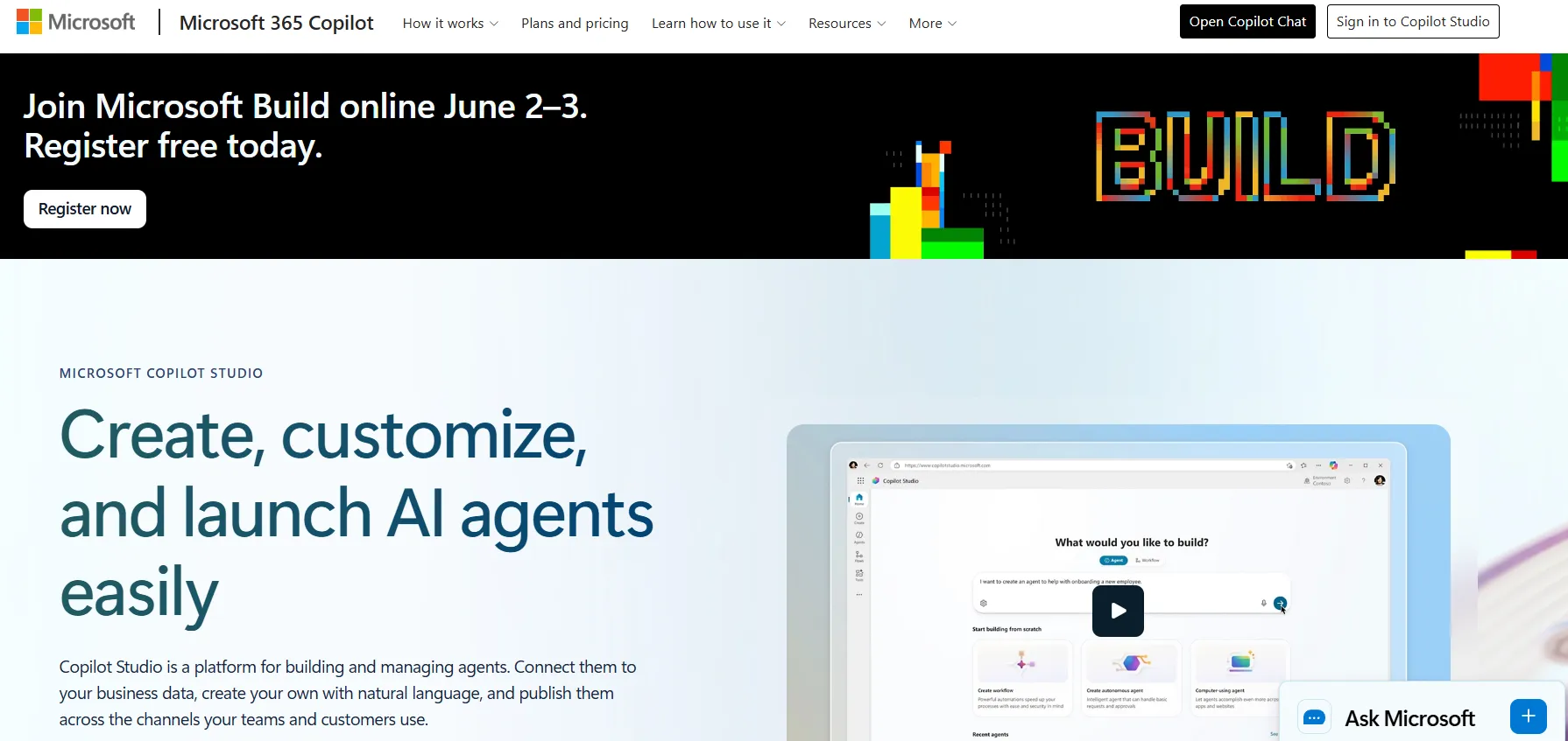 Microsoft Copilot Studio AI agent builder interface