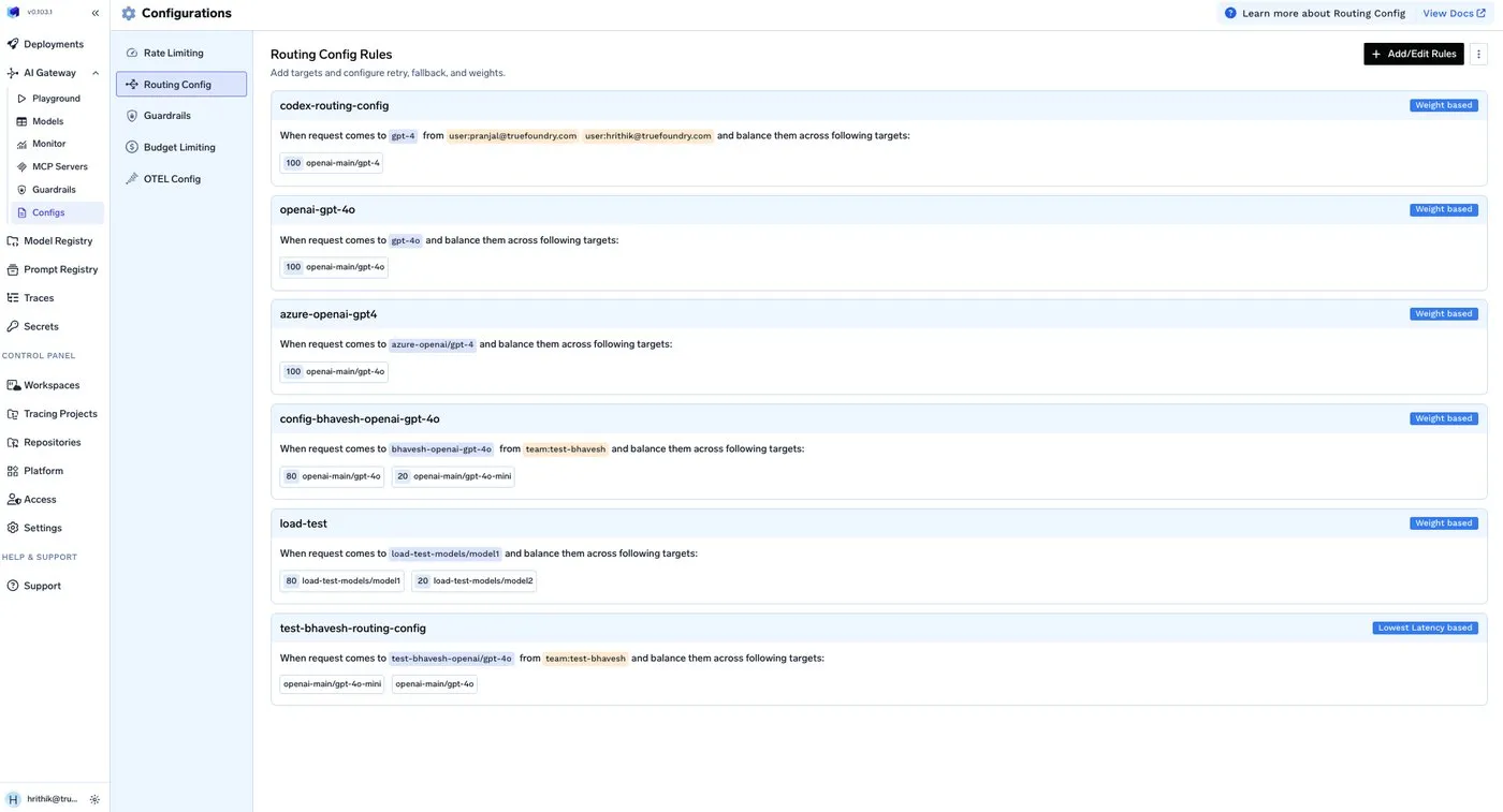 TrueFoundry AI Gateway Configs tab showing the YAML editor for routing configuration