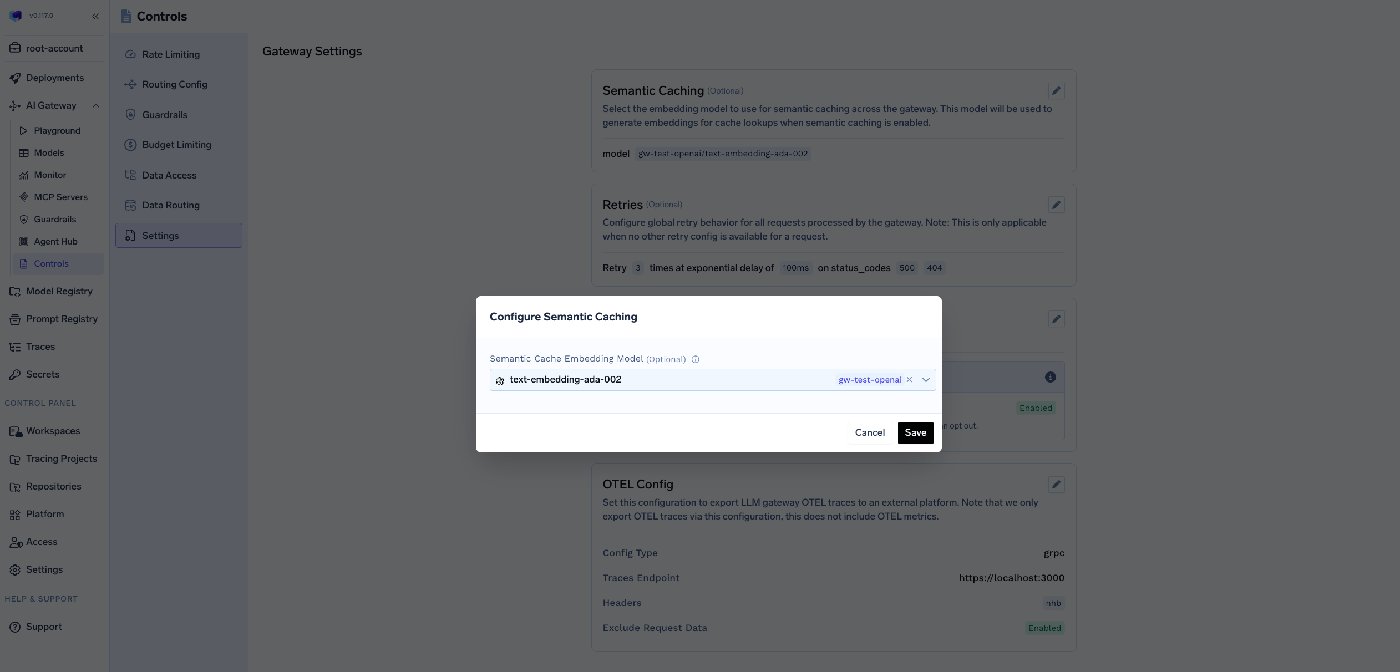 TrueFoundry AI Gateway semantic cache settings dialog showing the embedding model selector