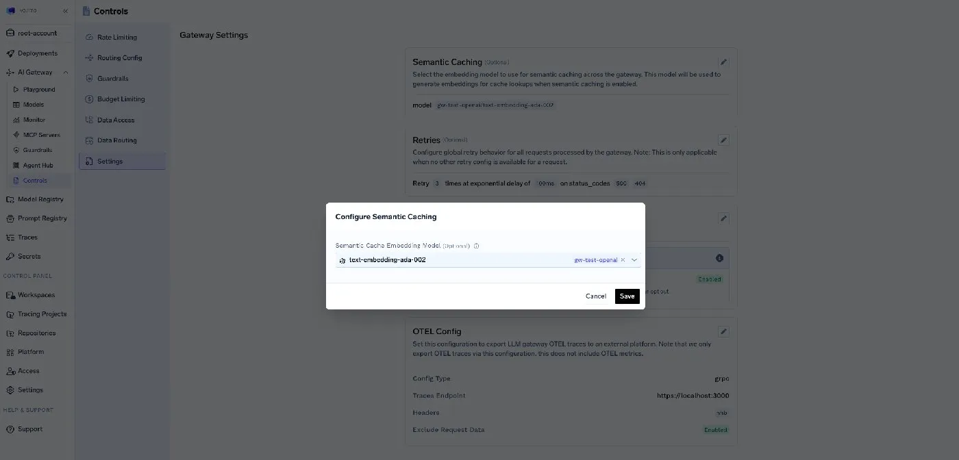 TrueFoundry AI Gateway semantic cache settings dialog showing the embedding model selector