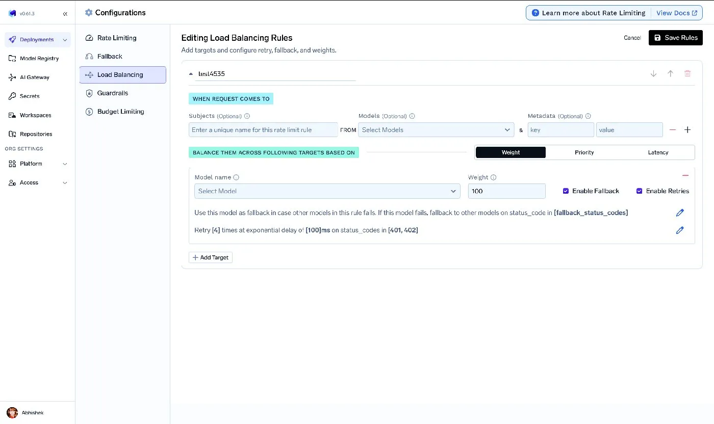 TrueFoundry AI Gateway routing configuration UI