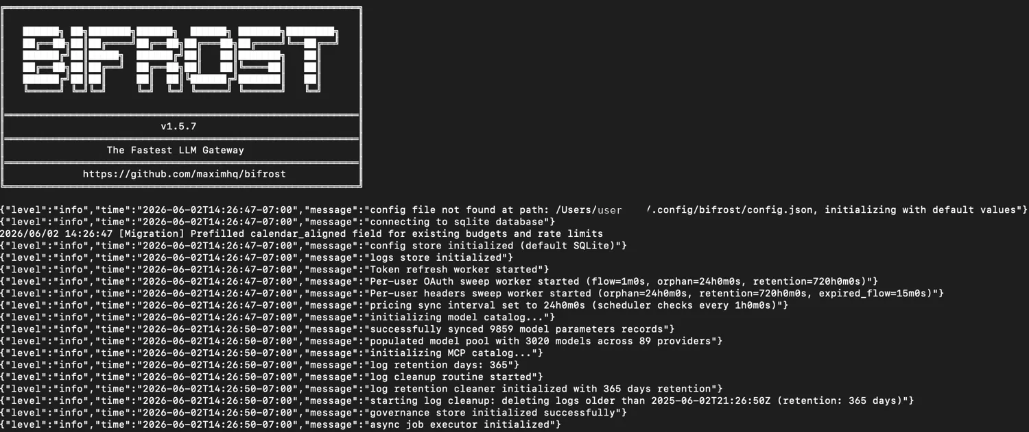 Bifrost v1.5.7 console startup log showing SQLite stores, per-user OAuth workers, and a model pool of 3,020 models across 89 providers