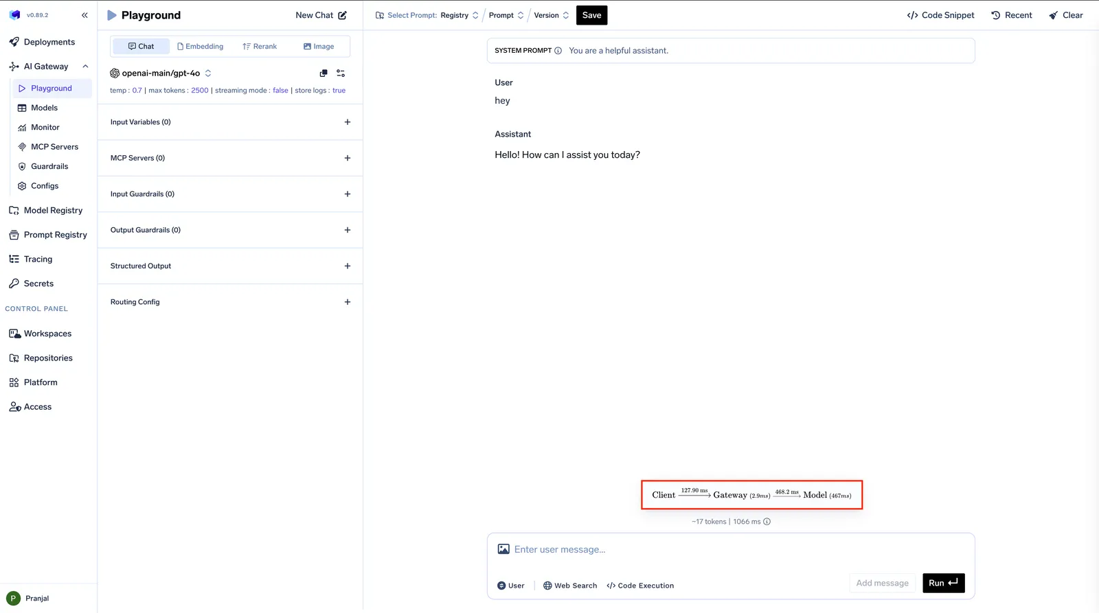 TrueFoundry AI Gateway Playground UI showing the openai-main/gpt-4o virtual model, MCP servers, input/output guardrails, and a per-request latency breakdown