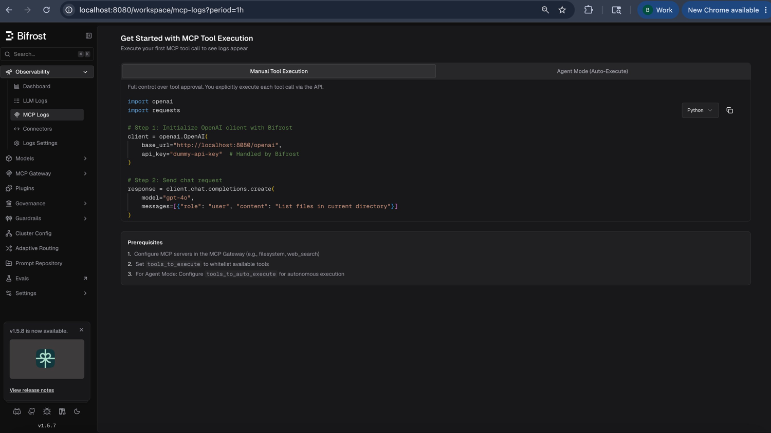 Bifrost MCP Tool Execution screen showing Manual Tool Execution vs Agent Mode, with a Python example and prerequisites referencing tools_to_execute and tools_to_auto_execute