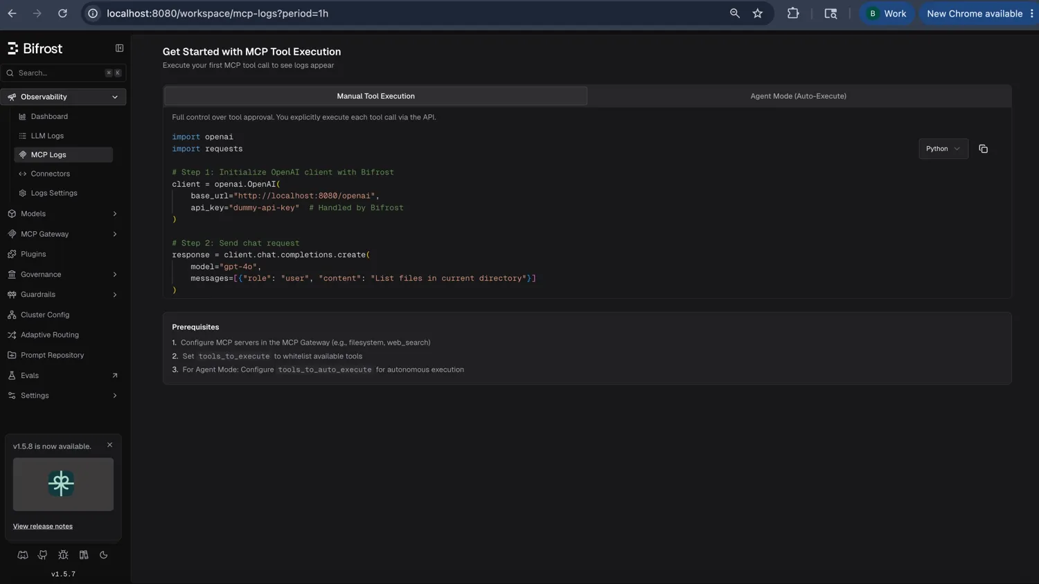 Bifrost MCP Tool Execution screen showing Manual Tool Execution vs Agent Mode, with a Python example and prerequisites referencing tools_to_execute and tools_to_auto_execute