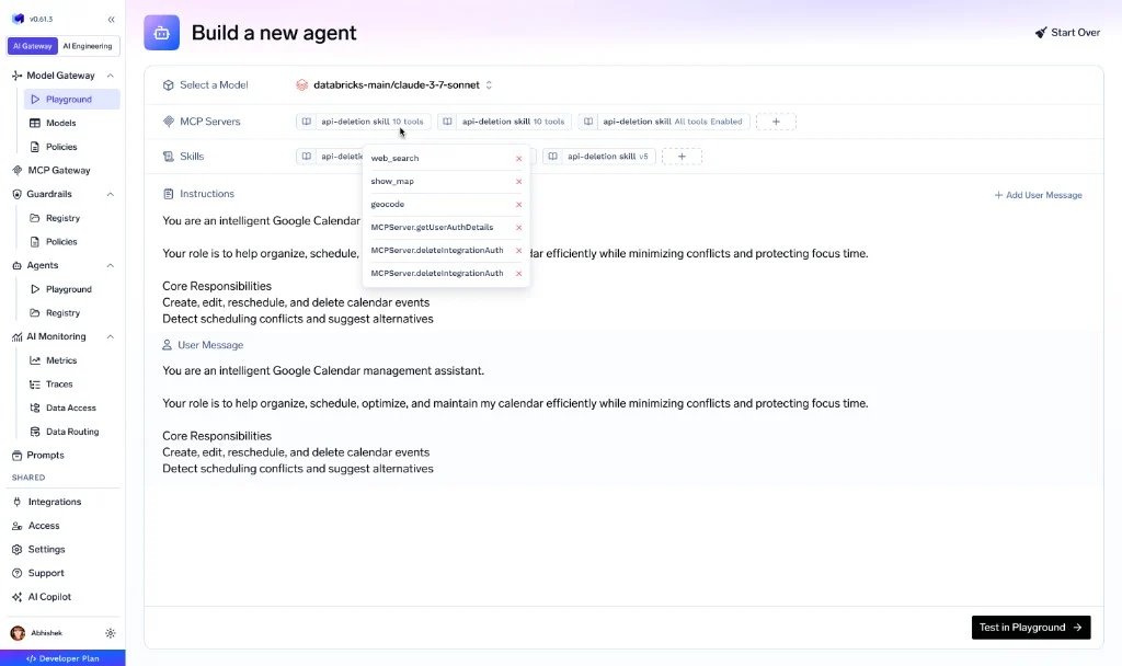 TrueFoundry Agent Harness builder: model selection, MCP servers, skills, instructions, and a playground test button