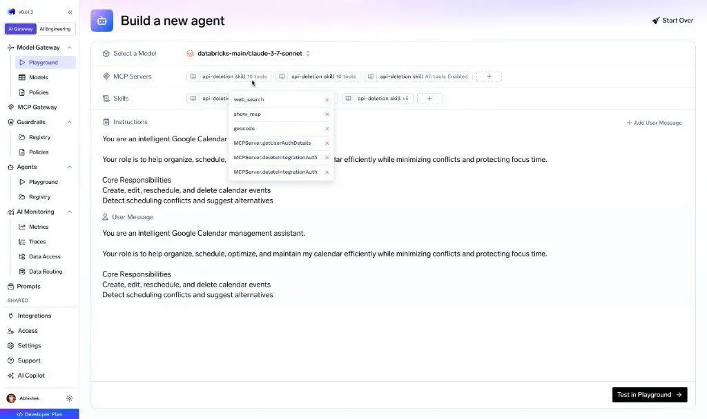TrueFoundry Agent Harness builder: model selection, MCP servers, skills, and instructions composing one agent definition