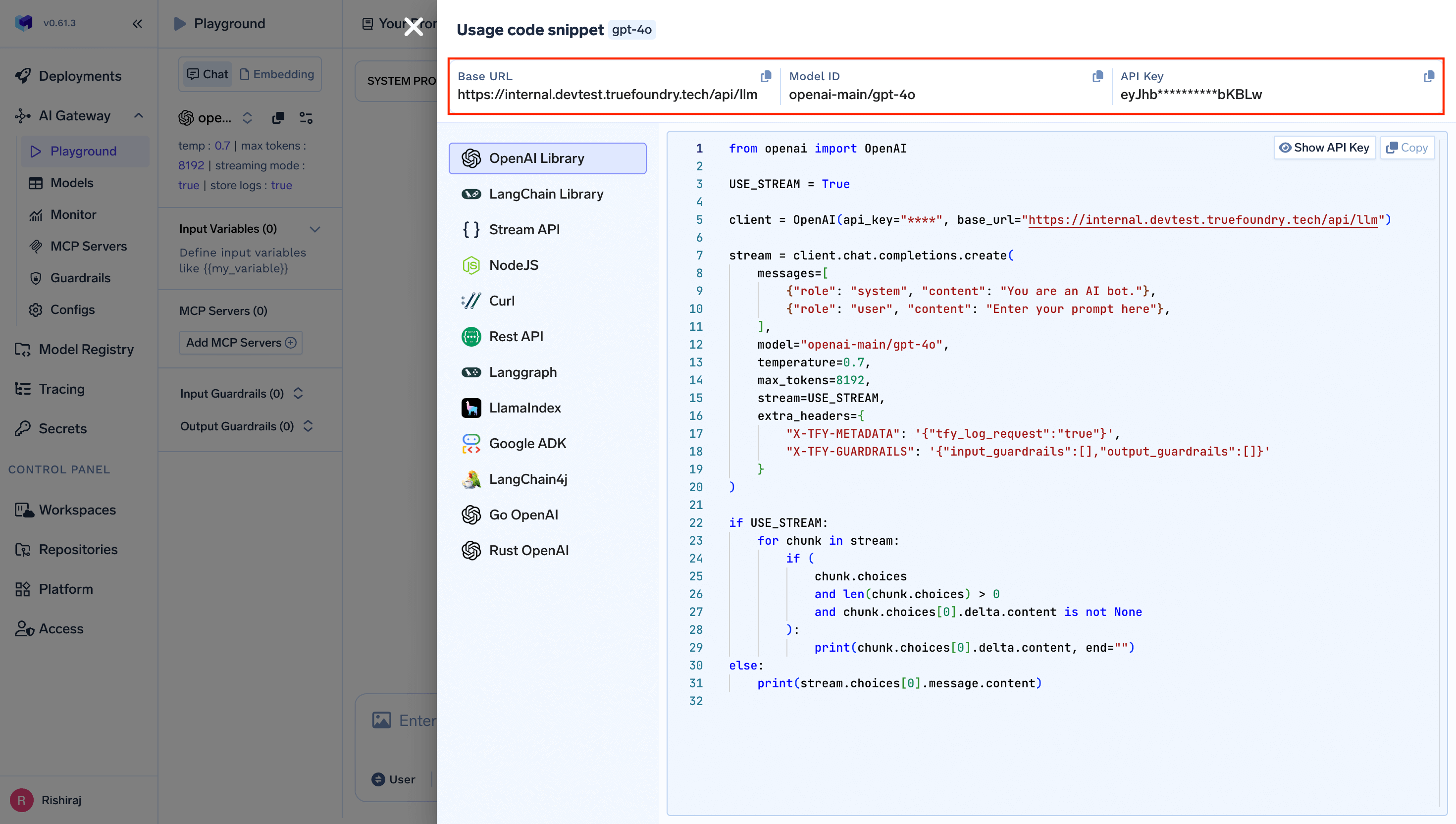 TrueFoundry playground showing unified code snippet with base URL and model name