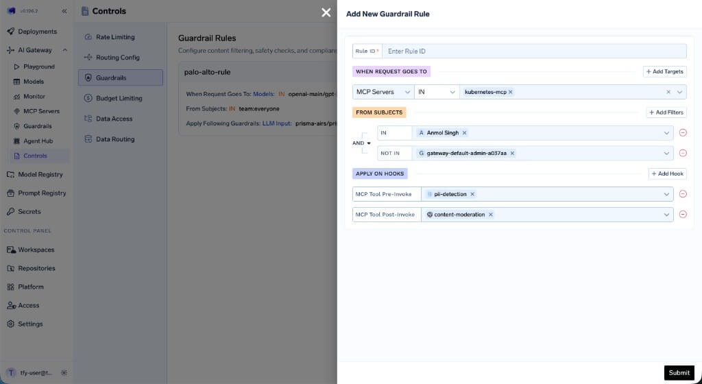 A guardrail rule scoped to an MCP server, applied on the MCP pre-invoke and post-invoke hooks. Source: TrueFoundry docs.