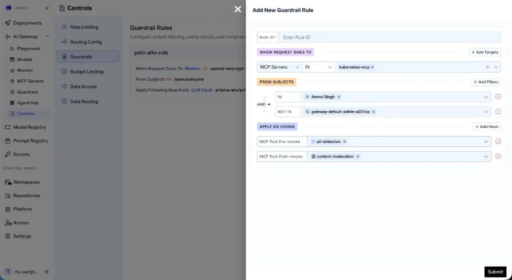  A guardrail rule scoped to an MCP server, applied on the MCP pre-invoke and post-invoke hooks. Source: TrueFoundry docs.