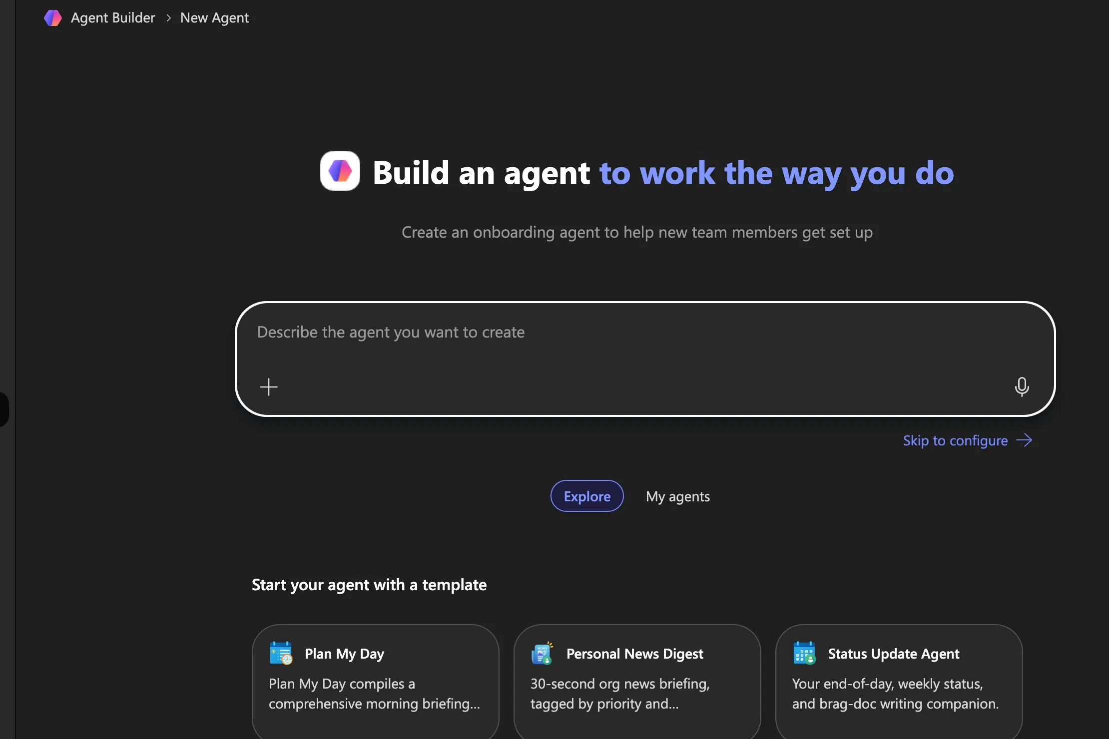 Microsoft 365 Copilot Agent Builder screen