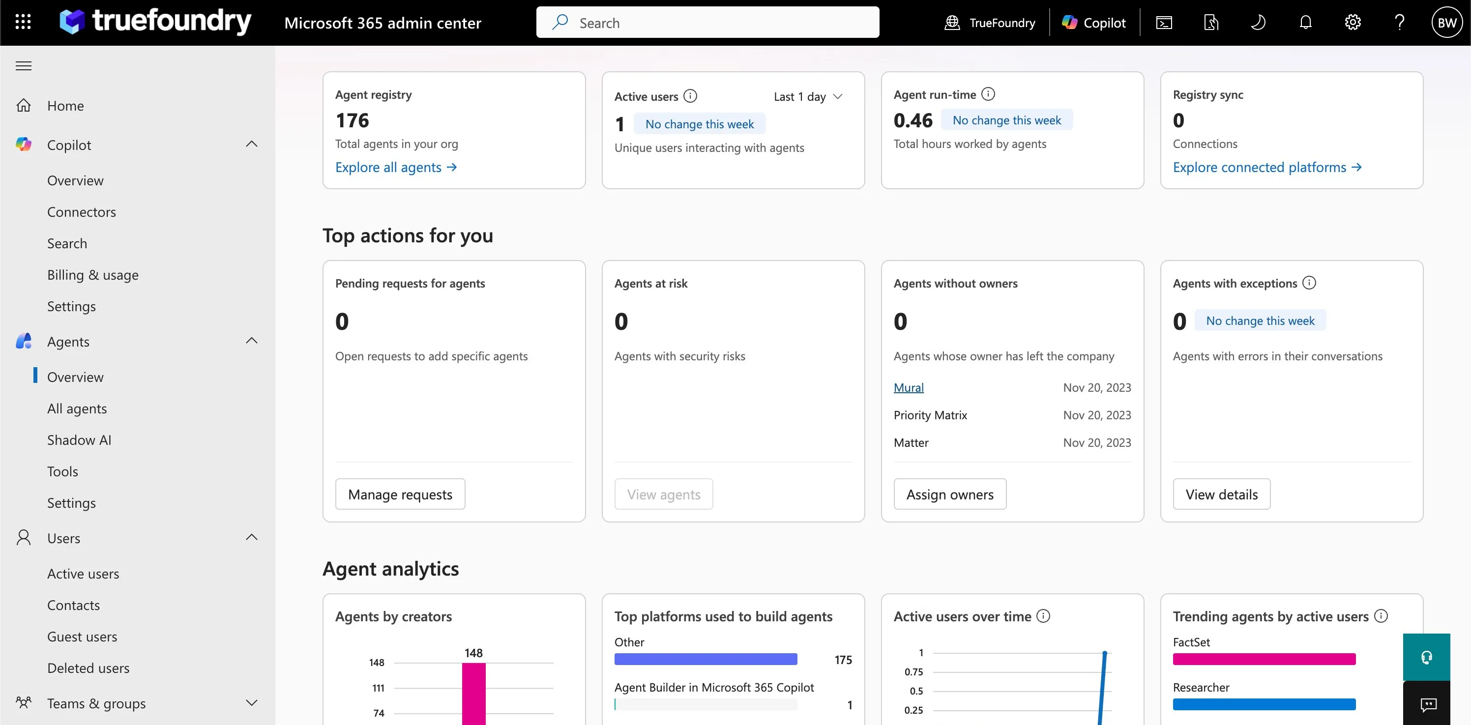 TrueFoundry agent overview dashboard with registry, active users, runtime, and analytics