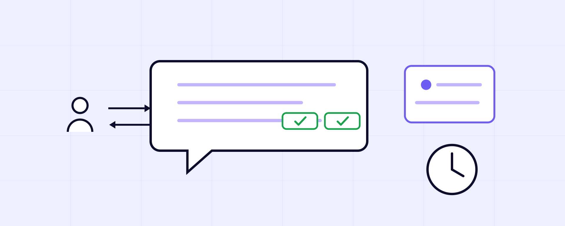 Illustration of the conversational assistant: a person exchanging messages with an assistant that cites sources, keeps memory, and is available around the clock