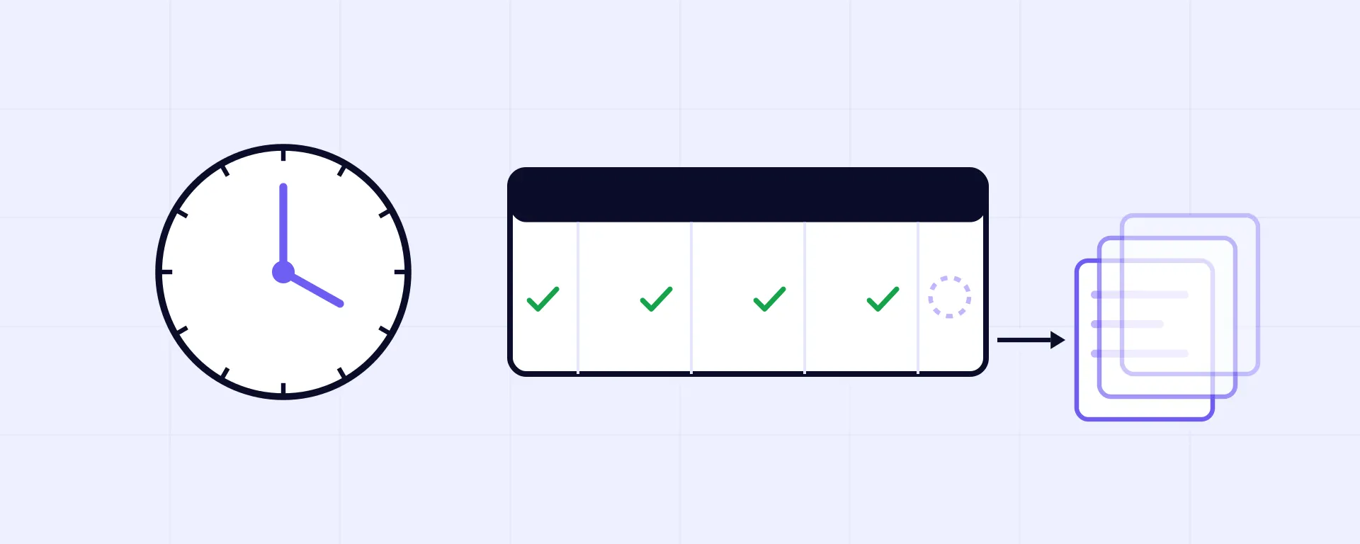 Illustration of the scheduled agent: a clock driving a calendar of identical successful runs and a stack of identical reports, with one silent miss