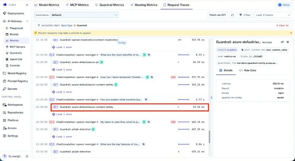 Official TrueFoundry Request Traces view - per-guardrail execution recorded per request span, including across compaction events