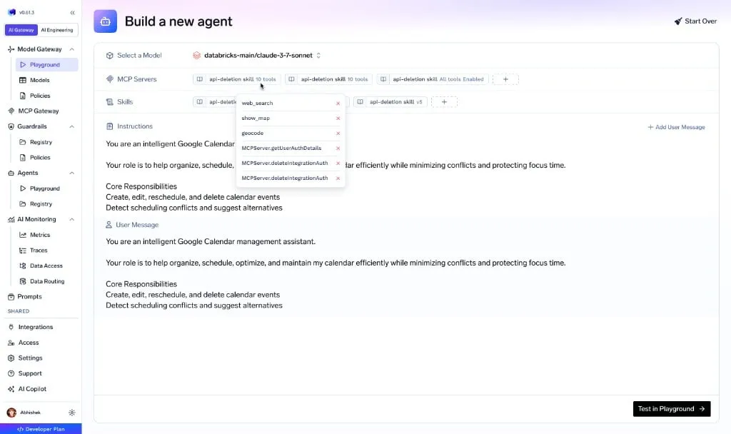 TrueFoundry Agent Harness builder showing model selection, MCP servers, skills, instructions, and a playground test button