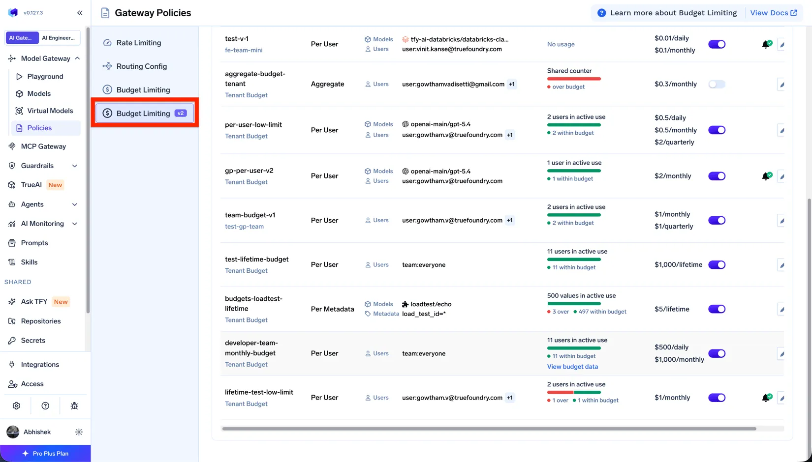 Official TrueFoundry Budget Limiting V2 UI - tenant and team budget rules with filters over request identity and metadata, milestone alerts, and configurable enforcement
