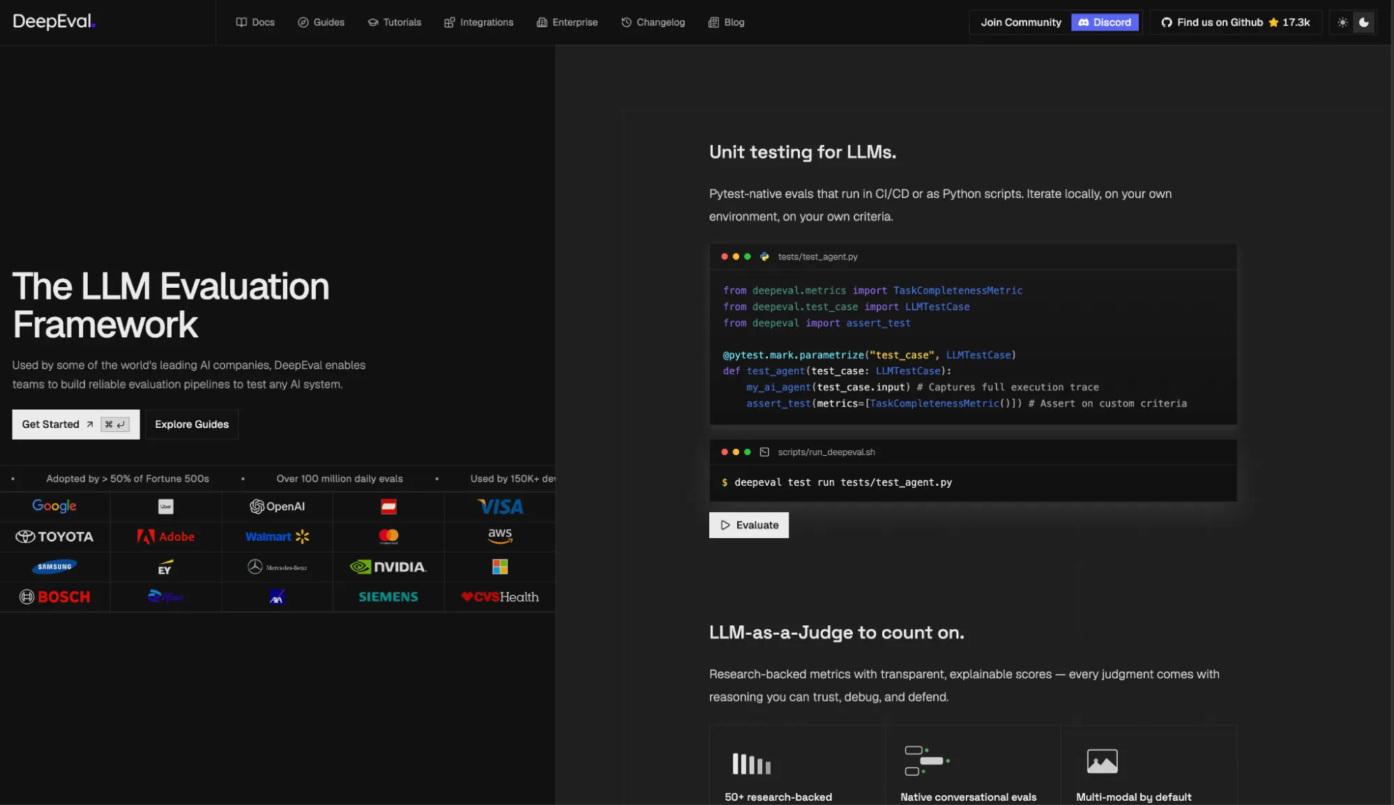 DeepEval provides LLM evaluation metrics and agent testing