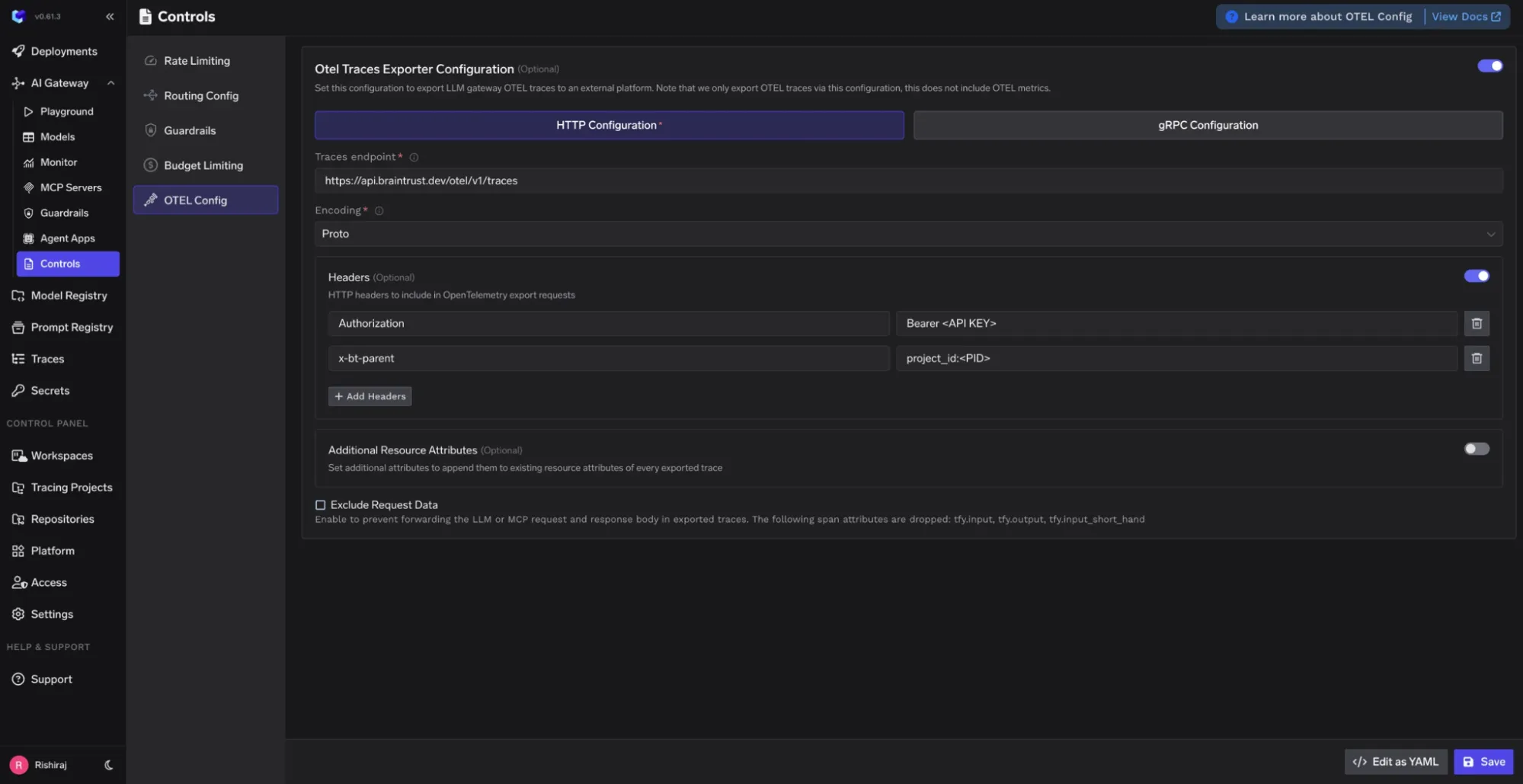 TrueFoundry AI Gateway OpenTelemetry trace export configuration