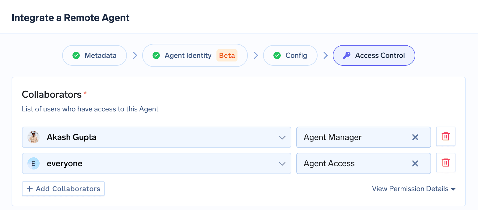 Collaborators on a registered agent: Agent Manager and Agent Access roles