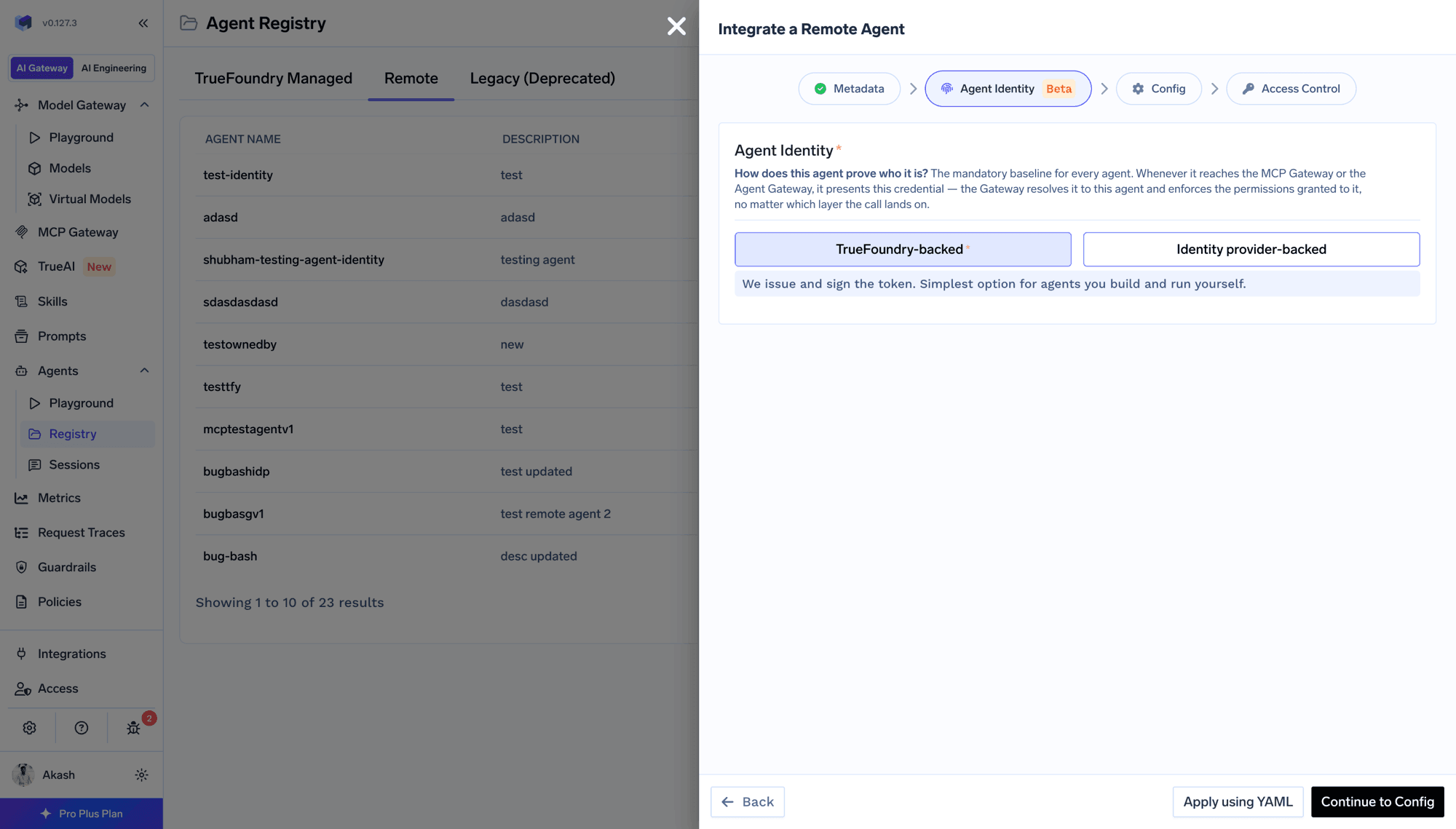 The Agent Identity step when registering an agent in TrueFoundry