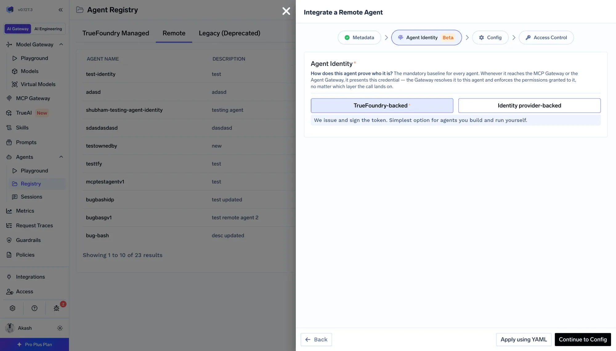 The Agent Identity step when registering an agent in TrueFoundry