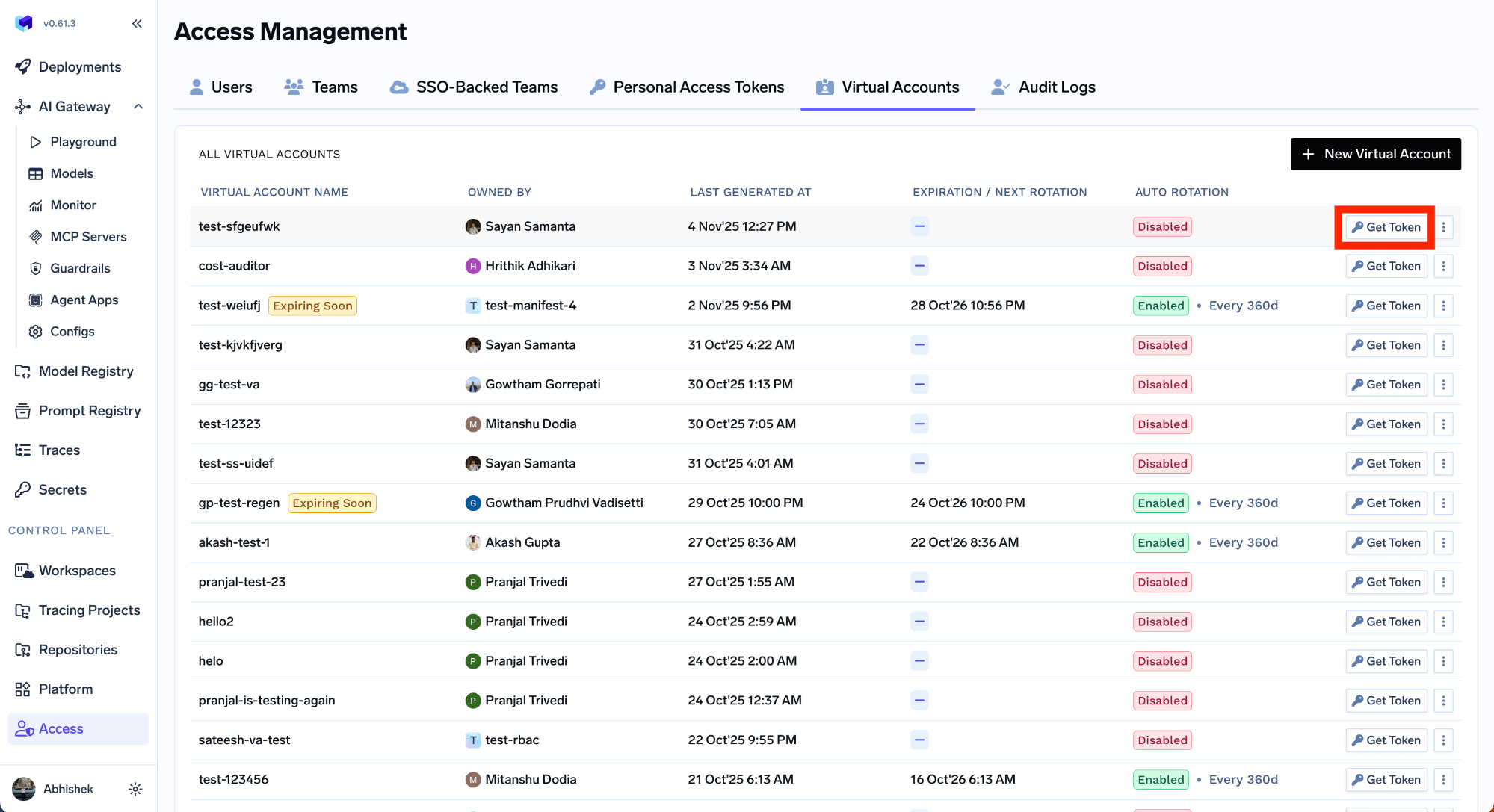 Getting a token for a virtual account in TrueFoundry