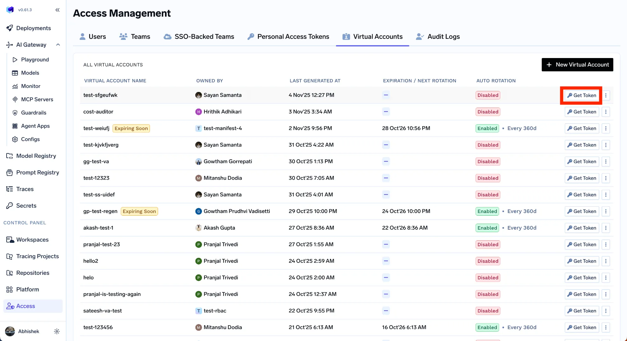 Getting a token for a virtual account in TrueFoundry