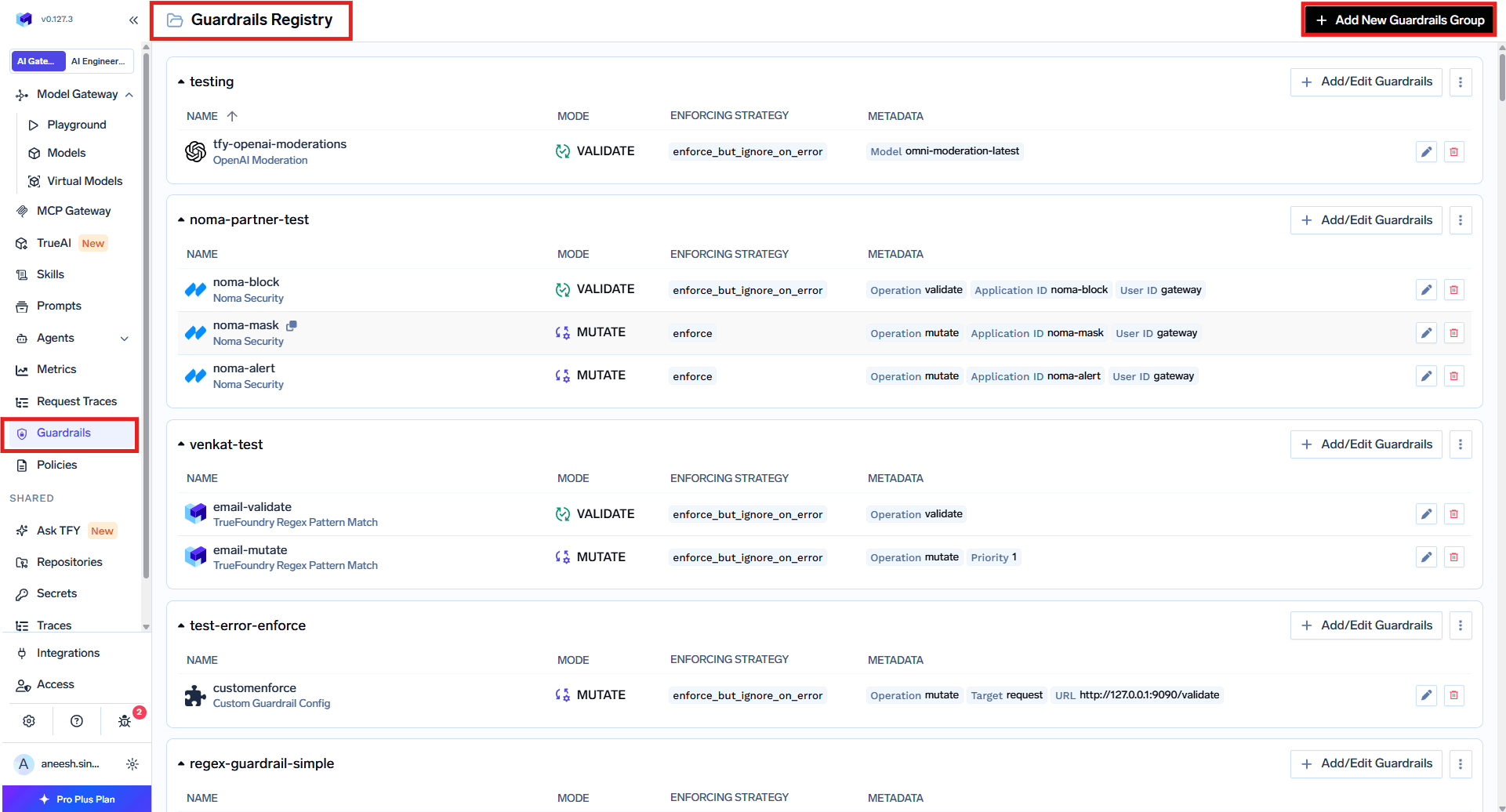 Registering a guardrails group in the TrueFoundry AI Gateway
