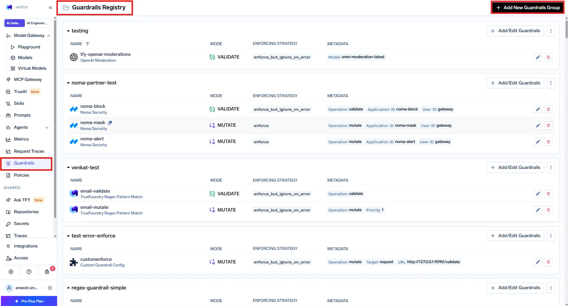Registering a guardrails group in the TrueFoundry AI Gateway