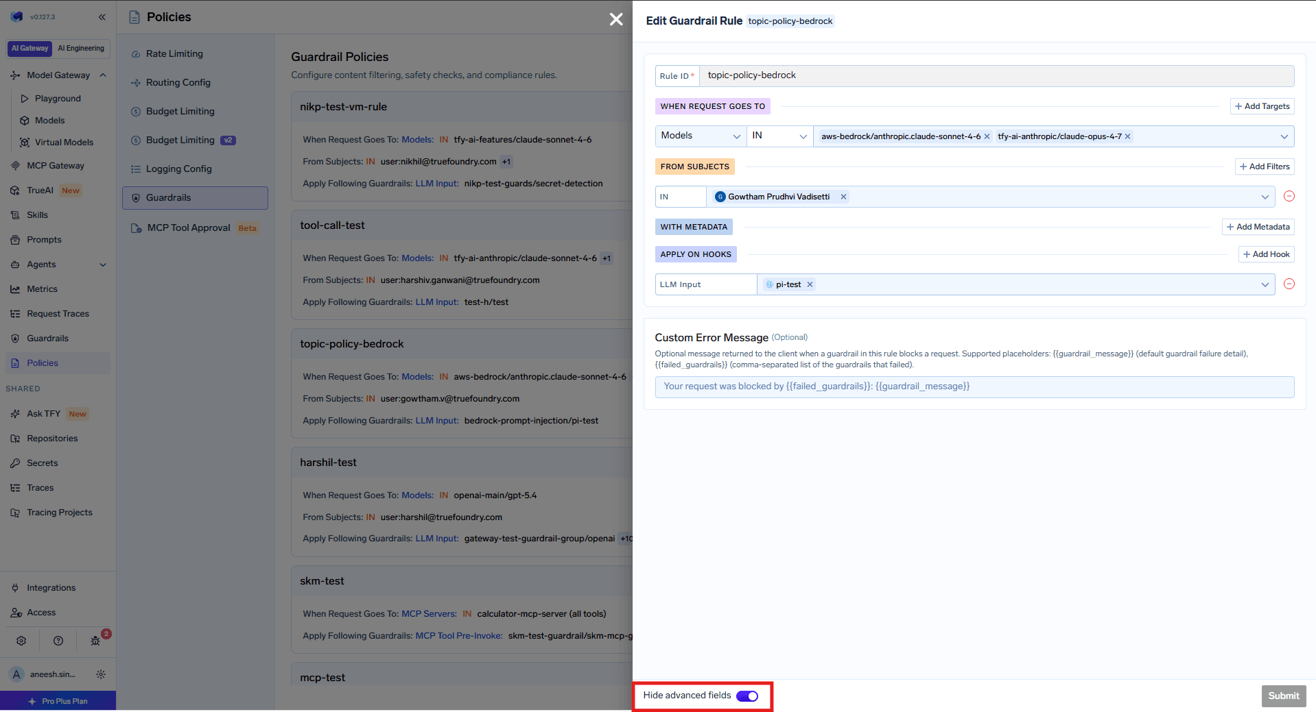 Configuring a guardrail policy rule by target, subject, and hook