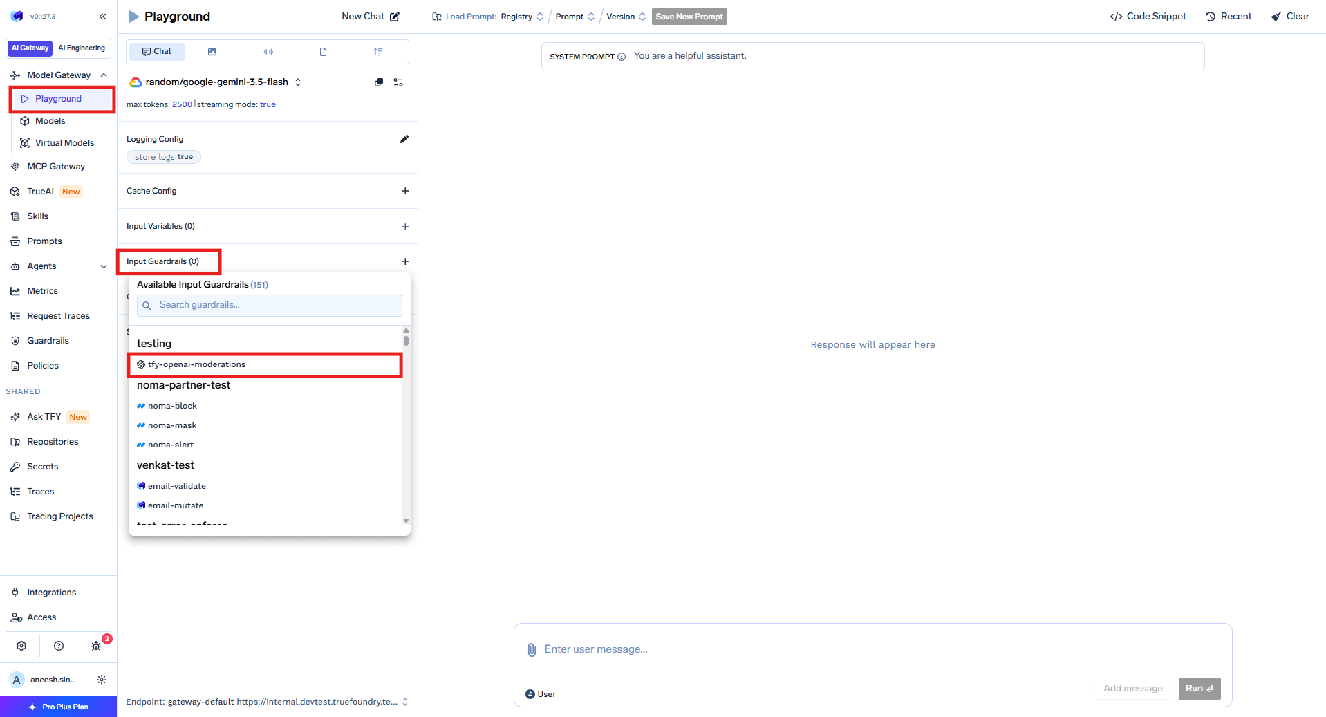 Testing guardrails on each hook in the AI Gateway Playground