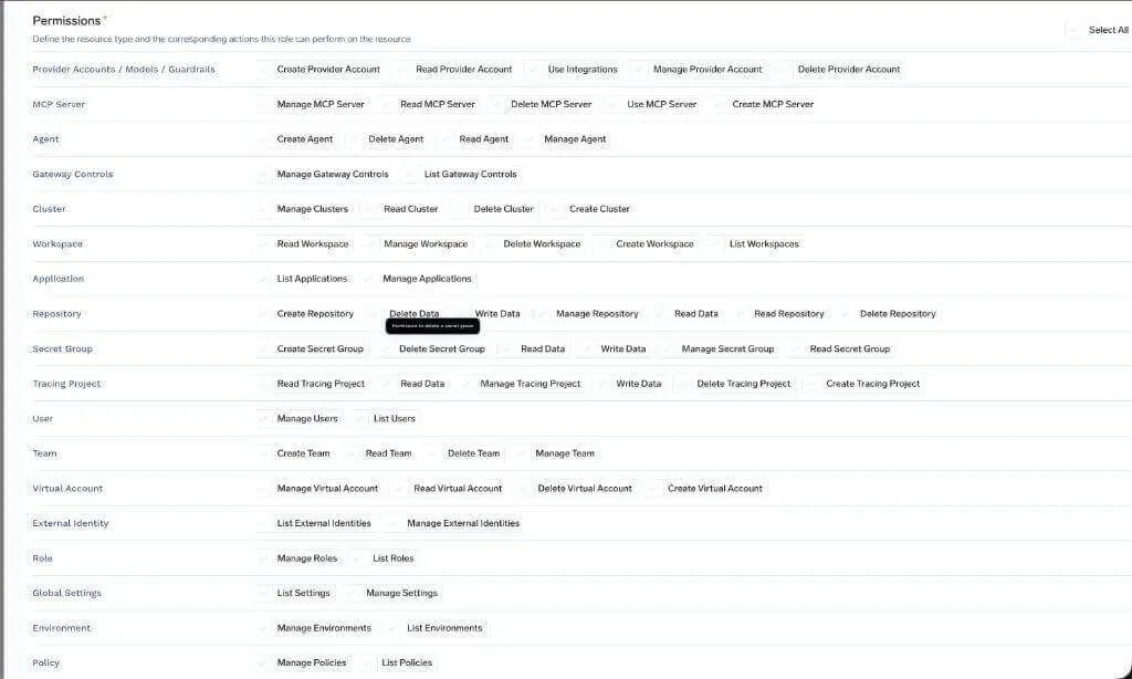 Permissions available when creating a custom tenant-level role in TrueFoundry