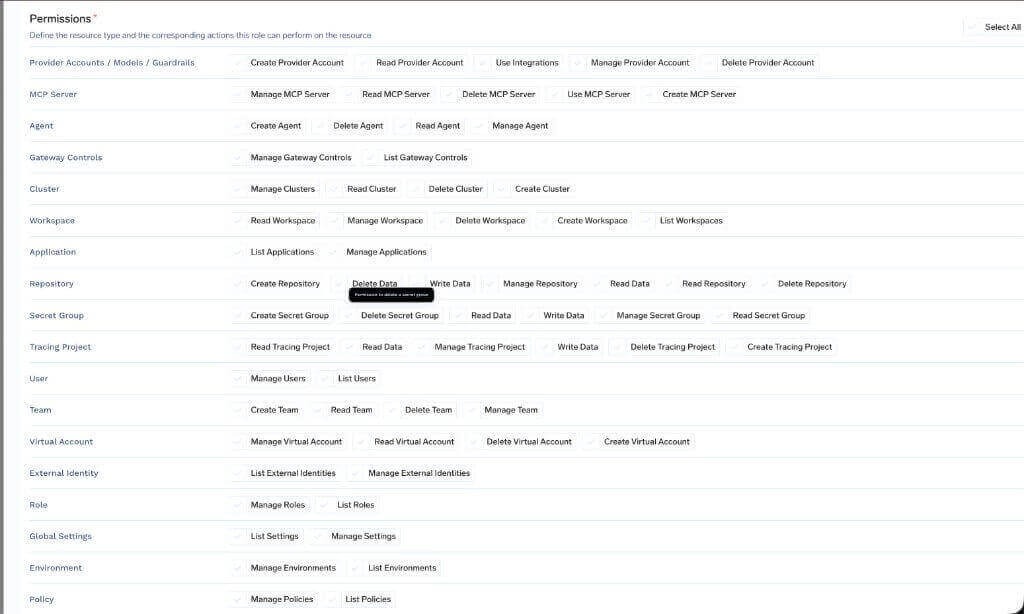 Permissions available when creating a custom tenant-level role in TrueFoundry