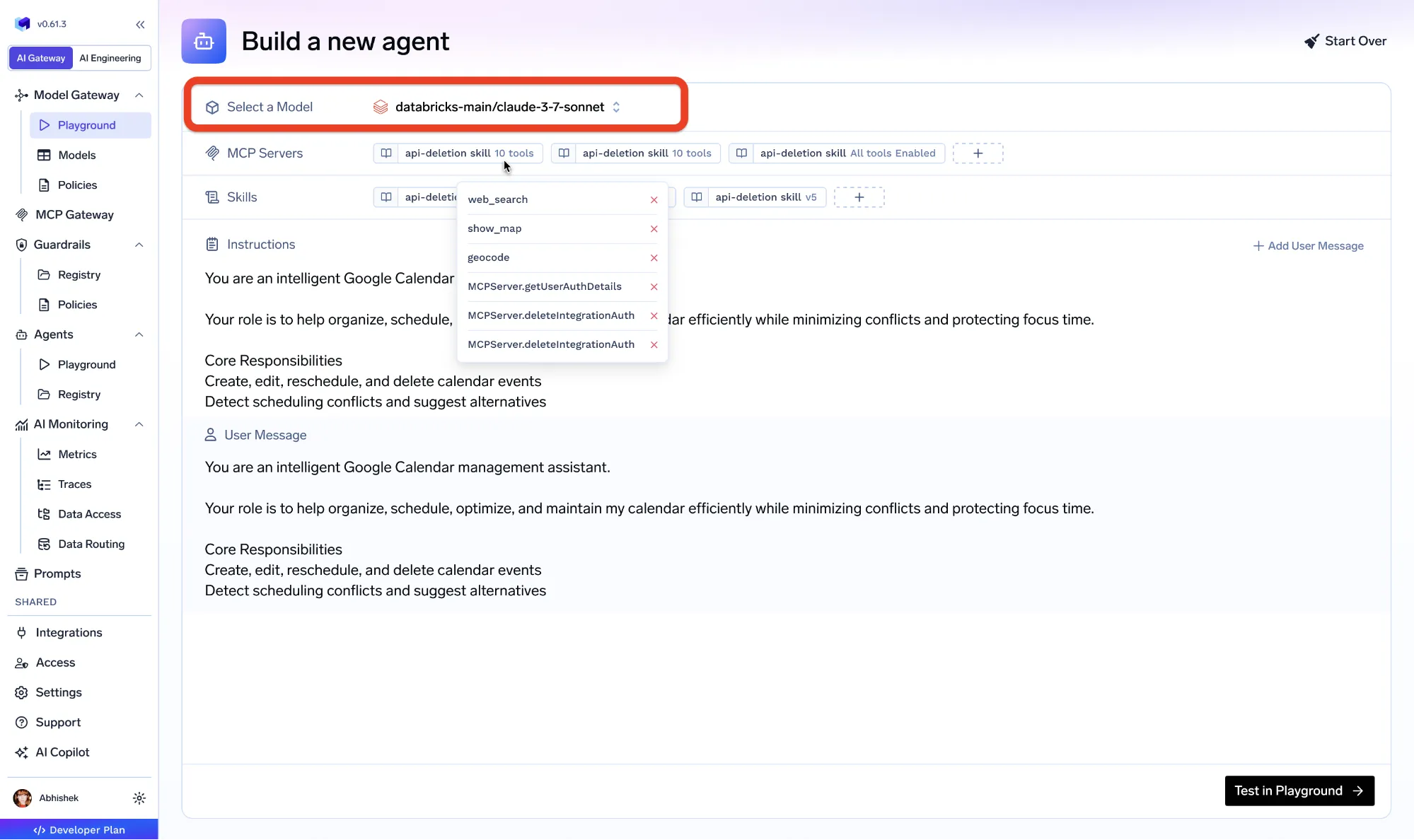 Selecting a model for an agent in the TrueFoundry Agent Harness builder