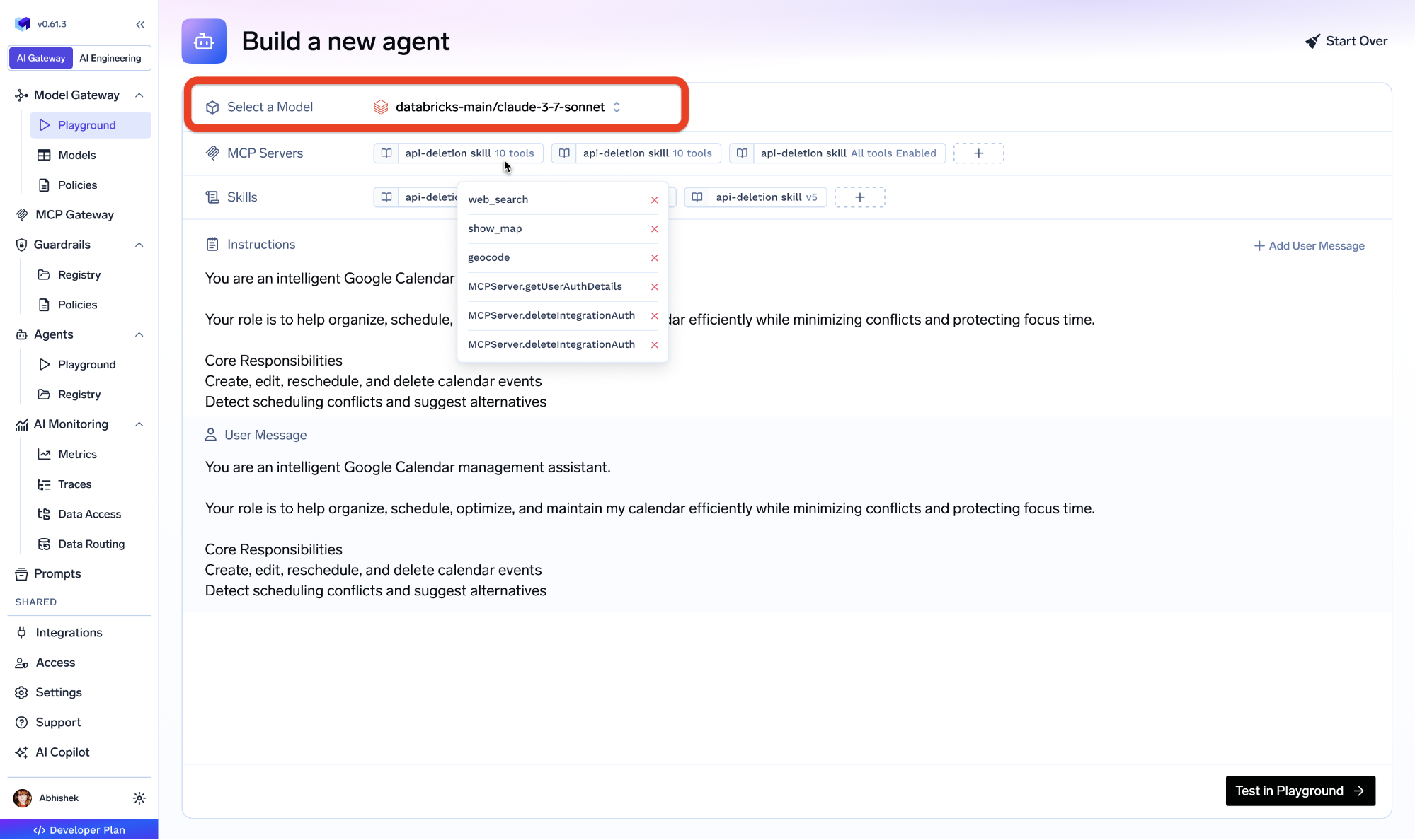 Selecting a model for an agent in the TrueFoundry Agent Harness builder