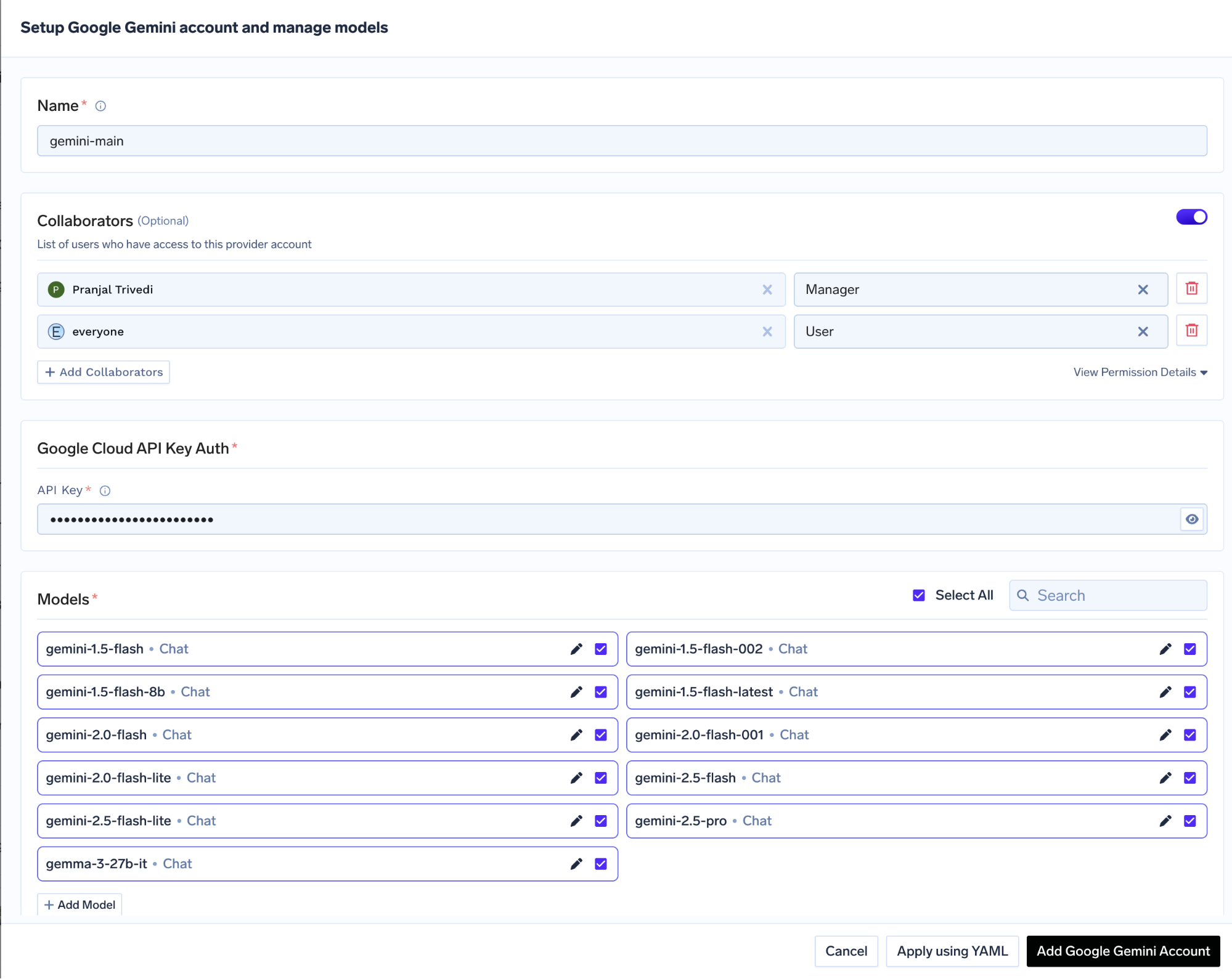 Adding a Google Gemini account in the TrueFoundry AI Gateway