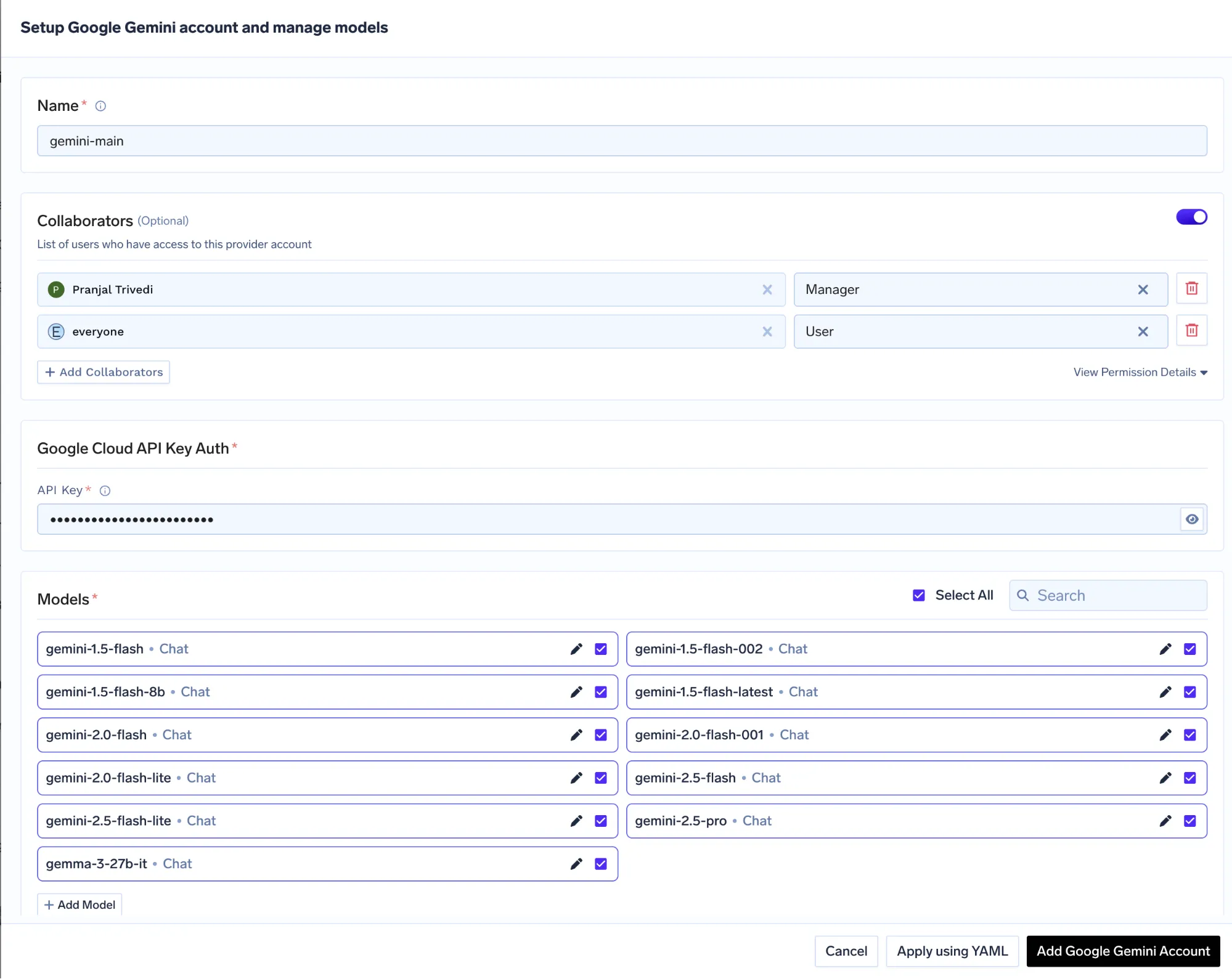 Adding a Google Gemini account in the TrueFoundry AI Gateway